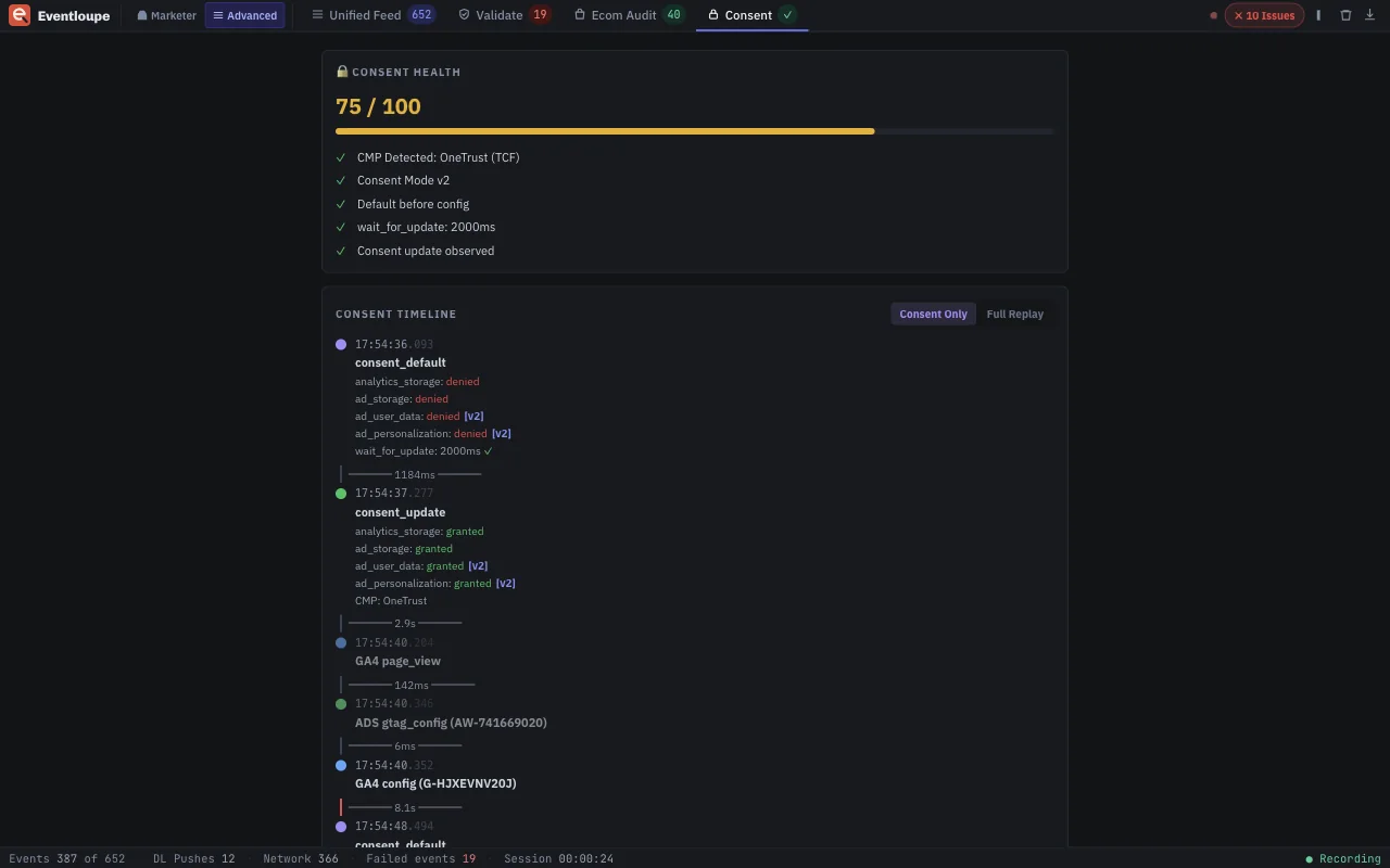 Eventloupe consent mode timeline showing consent signals alongside tracking events