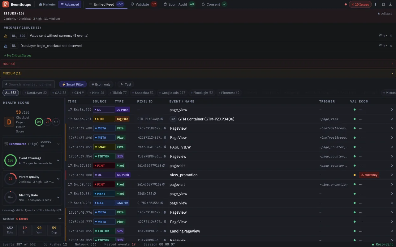 Eventloupe issues panel and health score for a captured session